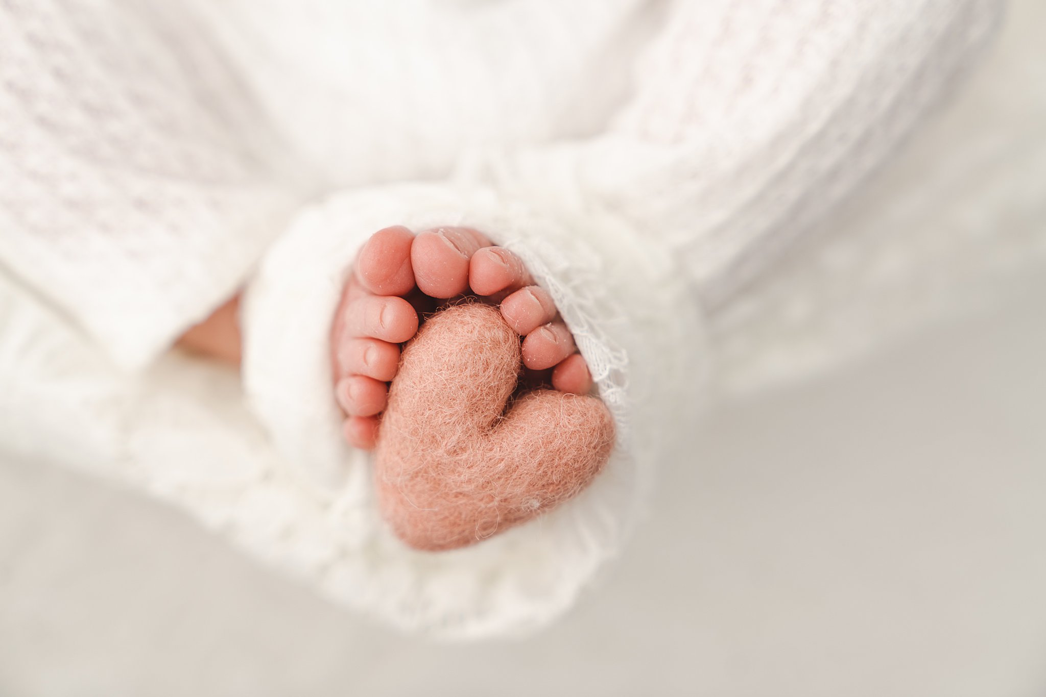 Newborn baby swaddled in a white blanket holds a felt heart with their toes Blooma minneapolis