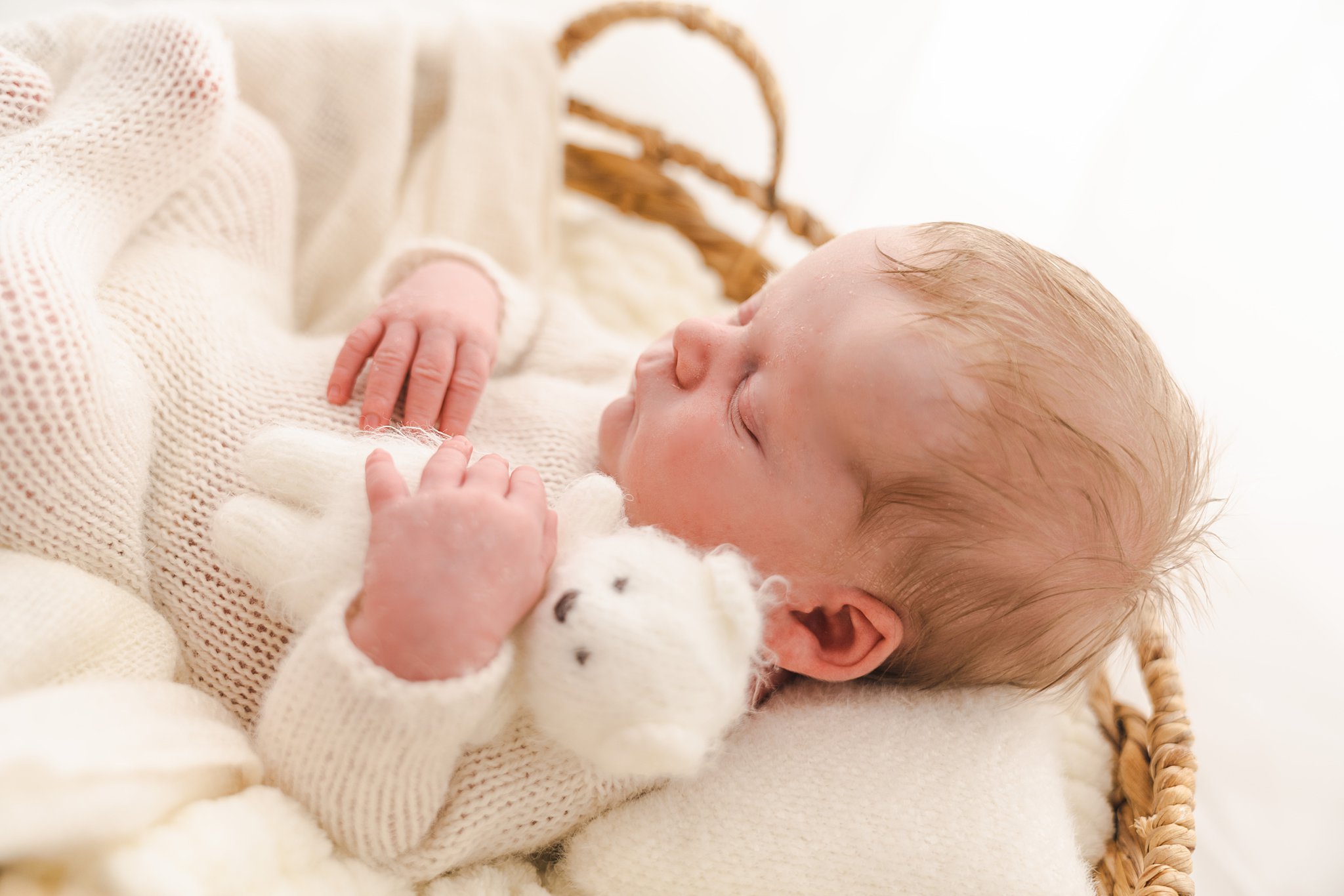 Newborn baby sleeps in a knit onesie holding a stuffed bear in a woven basket filled with pillows Welcome Baby Care